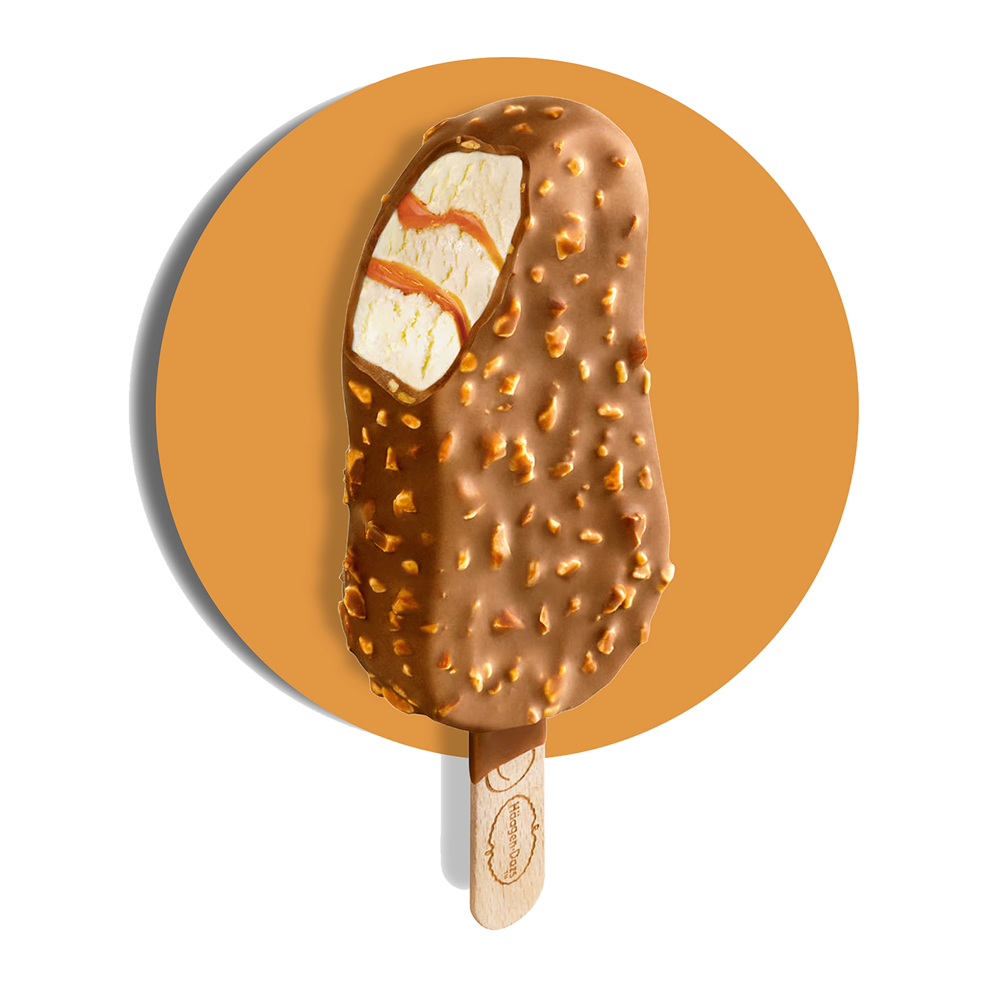 Haagen Dazs Vanilla Caramel Almond Stickbar with a bite taken out